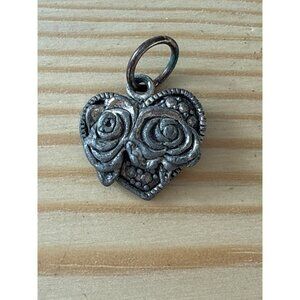 Heart-Shaped Vintage Silver-Tone Rose Pendant Charm
